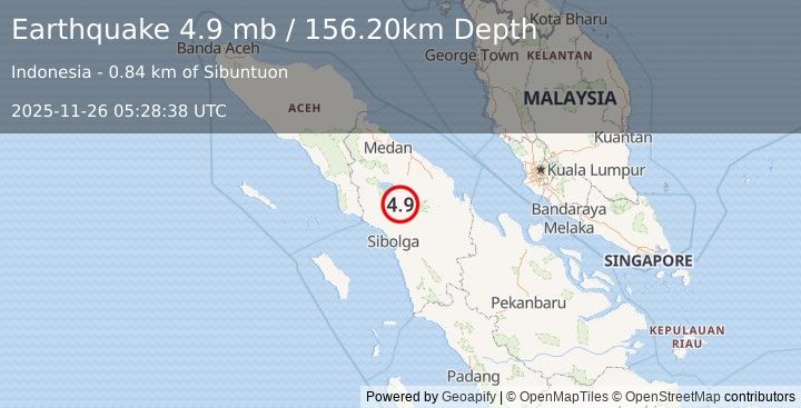 Earthquake NORTHERN SUMATRA, INDONESIA (4.9 mb) (2025-11-26 05:28:38 UTC)