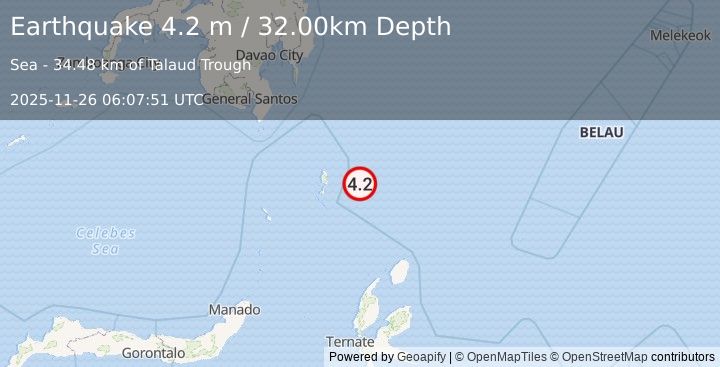 Earthquake KEPULAUAN TALAUD, INDONESIA (4.2 m) (2025-11-26 06:07:51 UTC)