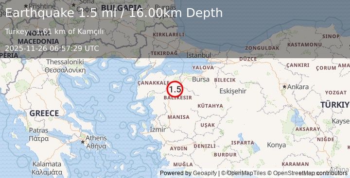 Earthquake WESTERN TURKEY (1.5 ml) (2025-11-26 06:57:29 UTC)