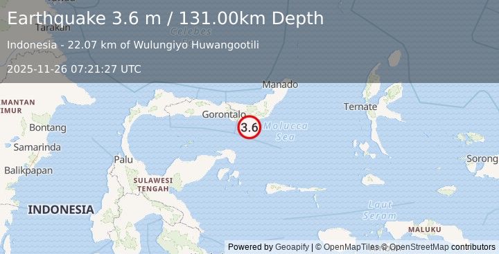 Earthquake MINAHASA, SULAWESI, INDONESIA (3.6 m) (2025-11-26 07:21:27 UTC)