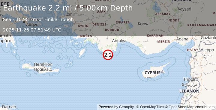 Earthquake WESTERN TURKEY (2.2 ml) (2025-11-26 07:51:49 UTC)