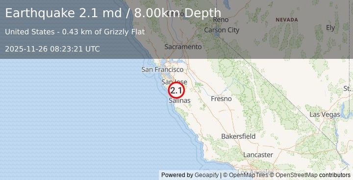 Earthquake NORTHERN CALIFORNIA (2.1 md) (2025-11-26 08:23:21 UTC)