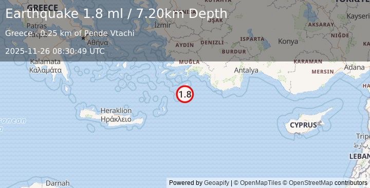Earthquake DODECANESE IS.-TURKEY BORDER REG (1.8 ml) (2025-11-26 08:30:49 UTC)
