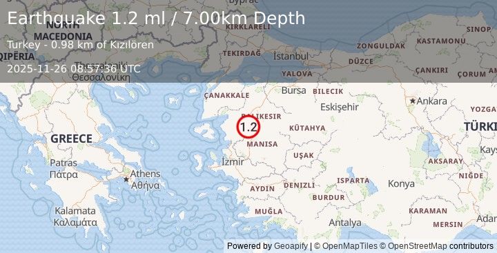 Earthquake WESTERN TURKEY (1.2 ml) (2025-11-26 08:57:36 UTC)