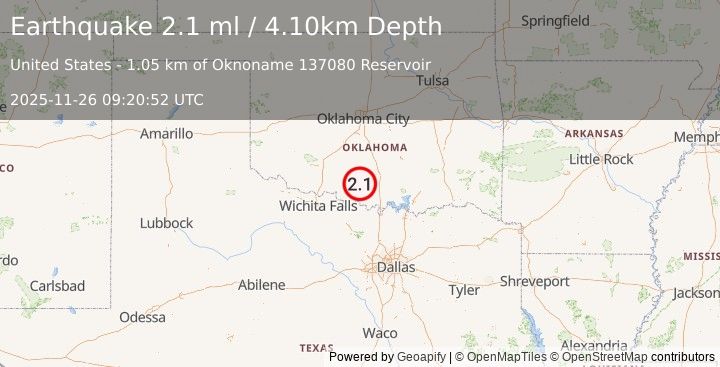 Earthquake OKLAHOMA (2.1 ml) (2025-11-26 09:20:52 UTC)