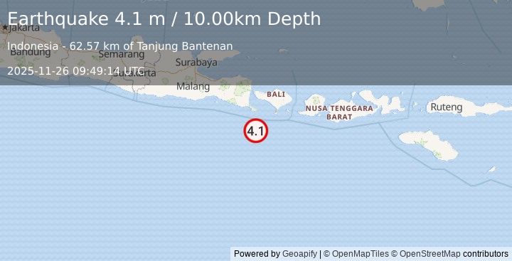 Earthquake SOUTH OF BALI, INDONESIA (4.1 m) (2025-11-26 09:49:14 UTC)