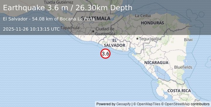 Earthquake OFFSHORE EL SALVADOR (3.6 m) (2025-11-26 10:13:15 UTC)