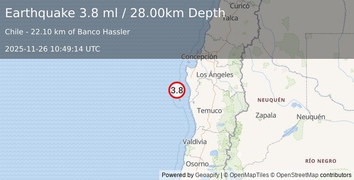Earthquake OFFSHORE BIO-BIO, CHILE (3.8 ml) (2025-11-26 10:49:14 UTC)