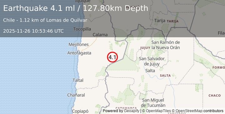 Earthquake ANTOFAGASTA, CHILE (4.2 ml) (2025-11-26 10:53:47 UTC)