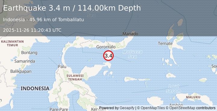 Earthquake SULAWESI, INDONESIA (3.4 m) (2025-11-26 11:20:43 UTC)