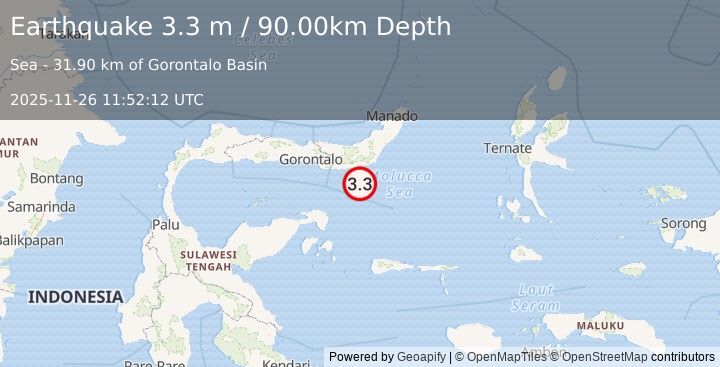Earthquake MINAHASA, SULAWESI, INDONESIA (3.3 m) (2025-11-26 11:52:12 UTC)