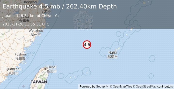 Earthquake NORTHEAST OF TAIWAN (4.5 mb) (2025-11-26 11:55:31 UTC)