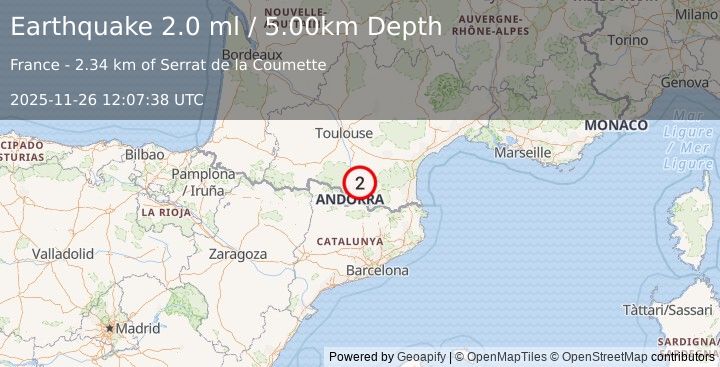 Earthquake PYRENEES (2.0 ml) (2025-11-26 12:07:38 UTC)