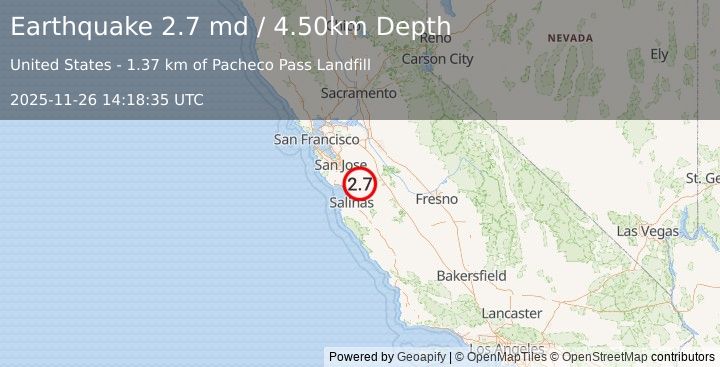 Earthquake NORTHERN CALIFORNIA (2.7 md) (2025-11-26 14:18:35 UTC)
