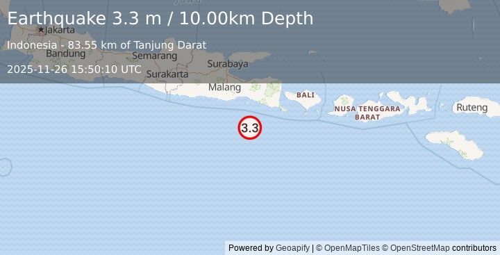 Earthquake SOUTH OF JAVA, INDONESIA (3.3 m) (2025-11-26 15:50:10 UTC)