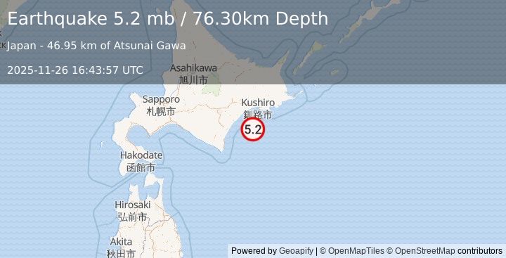 Earthquake HOKKAIDO, JAPAN REGION (5.2 mb) (2025-11-26 16:43:54 UTC)