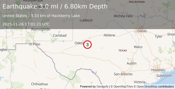 Earthquake WESTERN TEXAS (3.0 ml) (2025-11-26 17:01:20 UTC)