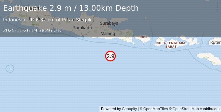 Earthquake SOUTH OF JAVA, INDONESIA (2.9 m) (2025-11-26 19:38:46 UTC)