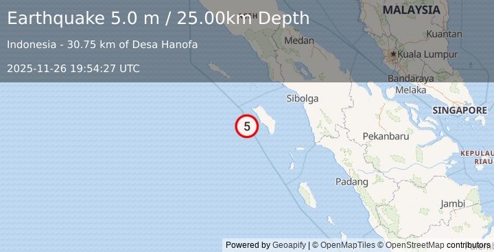 Earthquake NIAS REGION, INDONESIA (5.0 m) (2025-11-26 19:54:27 UTC)