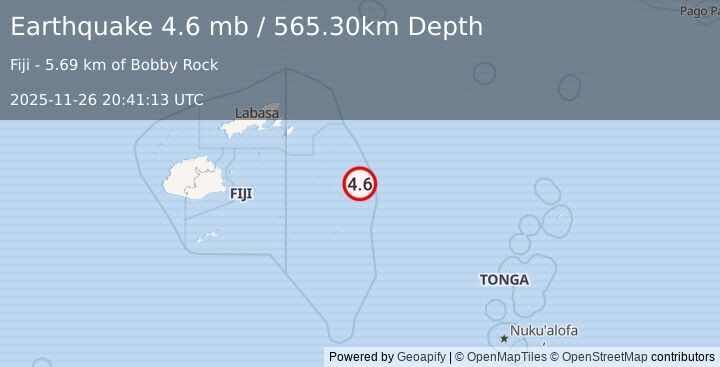 Earthquake FIJI REGION (4.6 mb) (2025-11-26 20:41:13 UTC)
