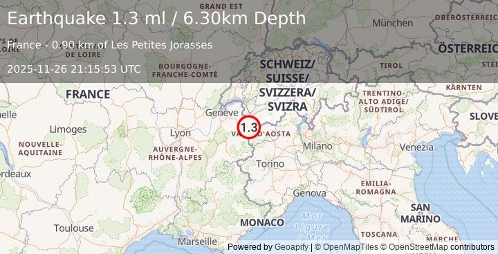 Earthquake NORTHERN ITALY (1.3 ml) (2025-11-26 21:15:53 UTC)