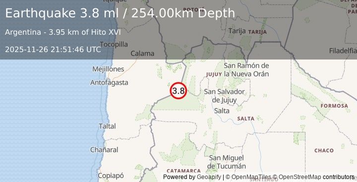 Earthquake ANTOFAGASTA, CHILE (3.8 ml) (2025-11-26 21:51:46 UTC)