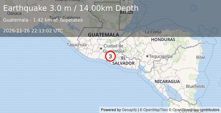 Earthquake GUATEMALA (3.0 m) (2025-11-26 22:13:02 UTC)
