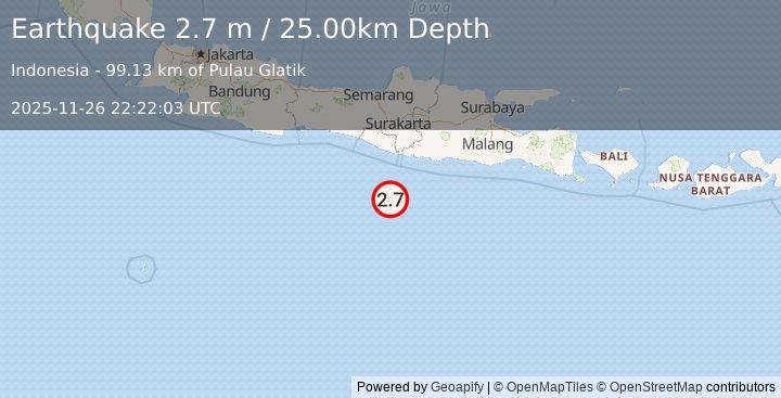 Earthquake SOUTH OF JAVA, INDONESIA (2.7 m) (2025-11-26 22:22:03 UTC)
