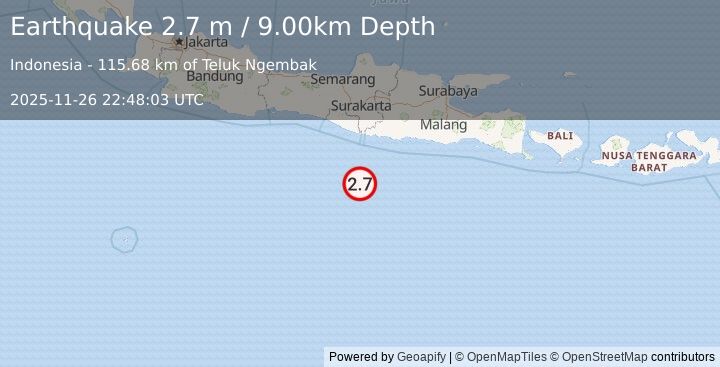 Earthquake SOUTH OF JAVA, INDONESIA (2.7 m) (2025-11-26 22:48:03 UTC)