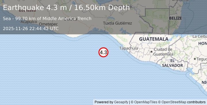 Earthquake OFF COAST OF CHIAPAS, MEXICO (4.3 m) (2025-11-26 22:44:42 UTC)