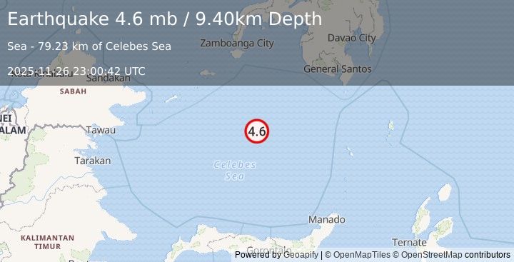 Earthquake CELEBES SEA (4.6 mb) (2025-11-26 23:00:42 UTC)