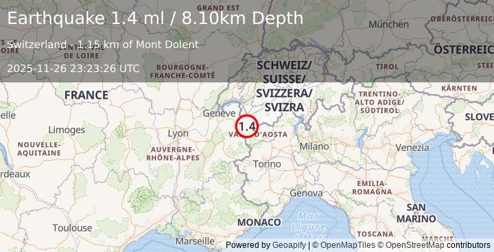 Earthquake NORTHERN ITALY (1.4 ml) (2025-11-26 23:23:26 UTC)