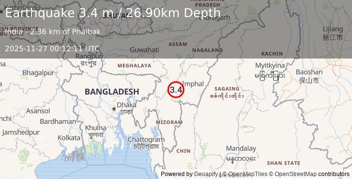 Earthquake MANIPUR, INDIA REGION (3.4 m) (2025-11-27 00:12:11 UTC)