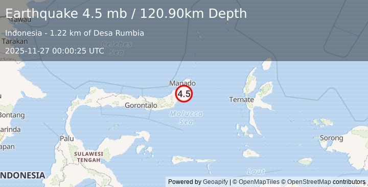 Earthquake MINAHASA, SULAWESI, INDONESIA (4.5 mb) (2025-11-27 00:00:25 UTC)
