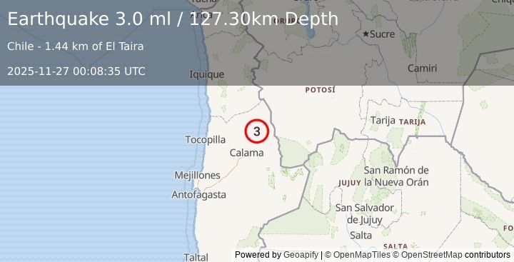 Earthquake ANTOFAGASTA, CHILE (3.0 ml) (2025-11-27 00:08:35 UTC)