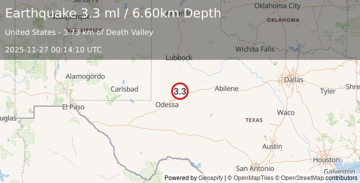 Earthquake WESTERN TEXAS (3.3 ml) (2025-11-27 00:14:10 UTC)
