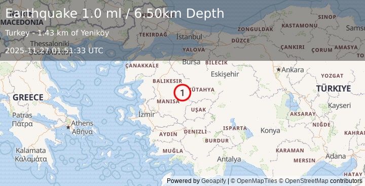 Earthquake WESTERN TURKEY (1.0 ml) (2025-11-27 01:51:29 UTC)