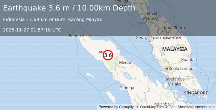 Earthquake NORTHERN SUMATRA, INDONESIA (3.6 m) (2025-11-27 01:57:18 UTC)