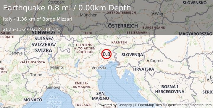 Earthquake NORTHERN ITALY (0.8 ml) (2025-11-27 02:24:38 UTC)