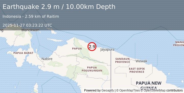 Earthquake NEAR N COAST OF PAPUA, INDONESIA (2.9 m) (2025-11-27 03:23:22 UTC)