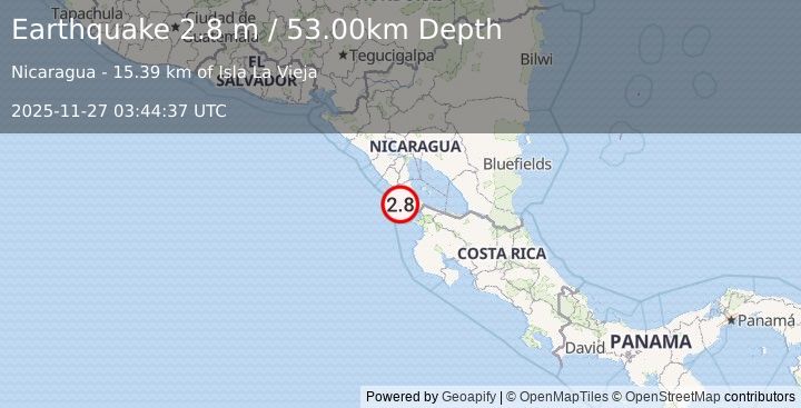 Earthquake NEAR COAST OF NICARAGUA (3.1 m) (2025-11-27 03:44:24 UTC)