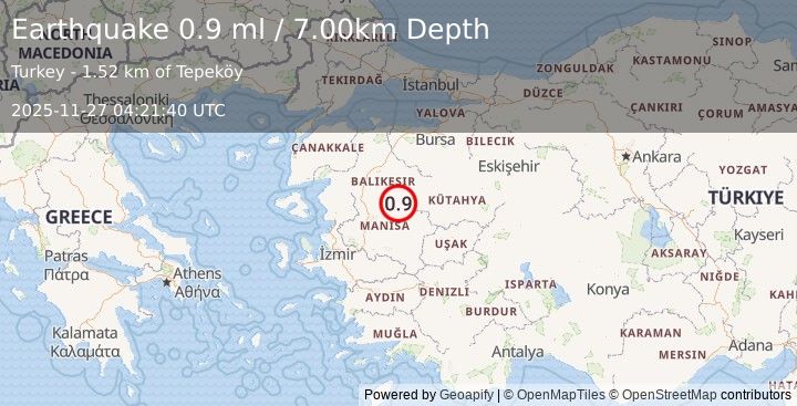 Earthquake WESTERN TURKEY (0.9 ml) (2025-11-27 04:21:40 UTC)