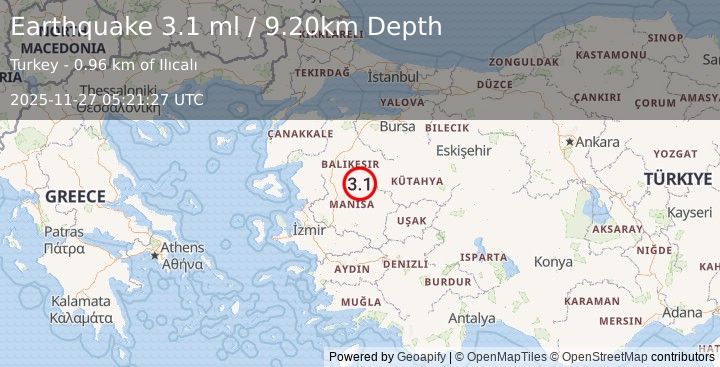 Earthquake WESTERN TURKEY (3.1 ml) (2025-11-27 05:21:27 UTC)