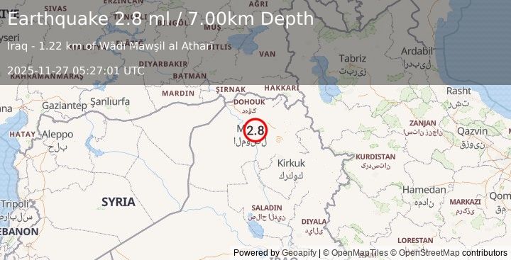 Earthquake IRAQ (2.8 ml) (2025-11-27 05:27:01 UTC)