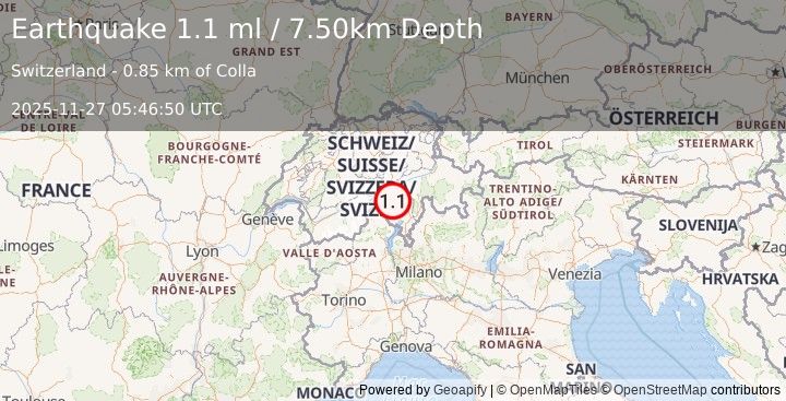Earthquake SWITZERLAND (1.1 ml) (2025-11-27 05:46:50 UTC)