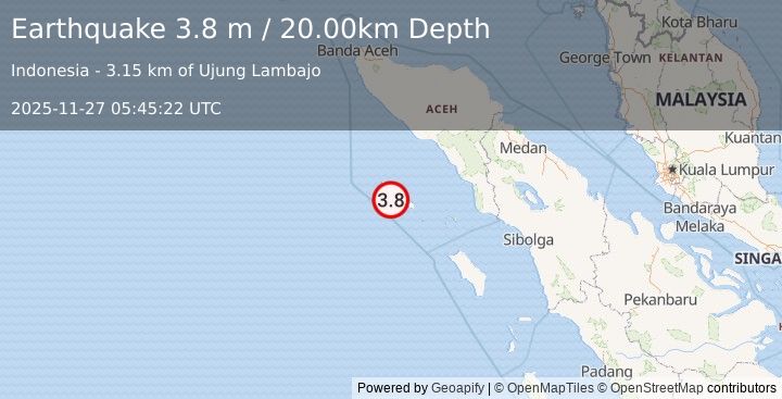 Earthquake SIMEULUE, INDONESIA (3.8 m) (2025-11-27 05:45:22 UTC)
