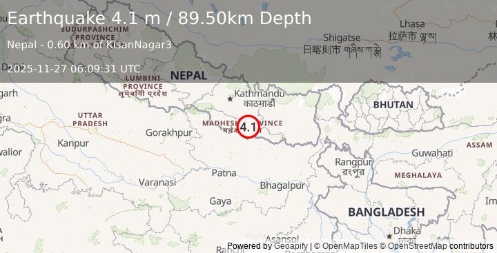 Earthquake NEPAL-INDIA BORDER REGION (4.1 m) (2025-11-27 06:09:31 UTC)
