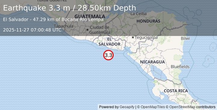 Earthquake OFFSHORE EL SALVADOR (3.3 m) (2025-11-27 07:00:48 UTC)