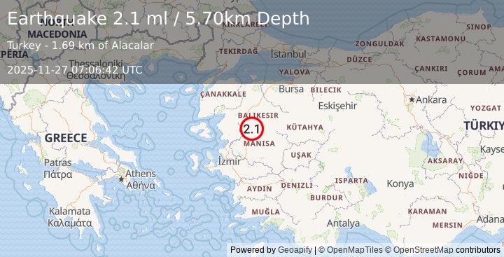 Earthquake WESTERN TURKEY (2.1 ml) (2025-11-27 07:06:42 UTC)
