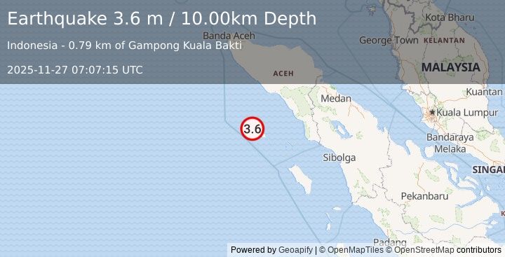 Earthquake SIMEULUE, INDONESIA (3.6 m) (2025-11-27 07:07:15 UTC)